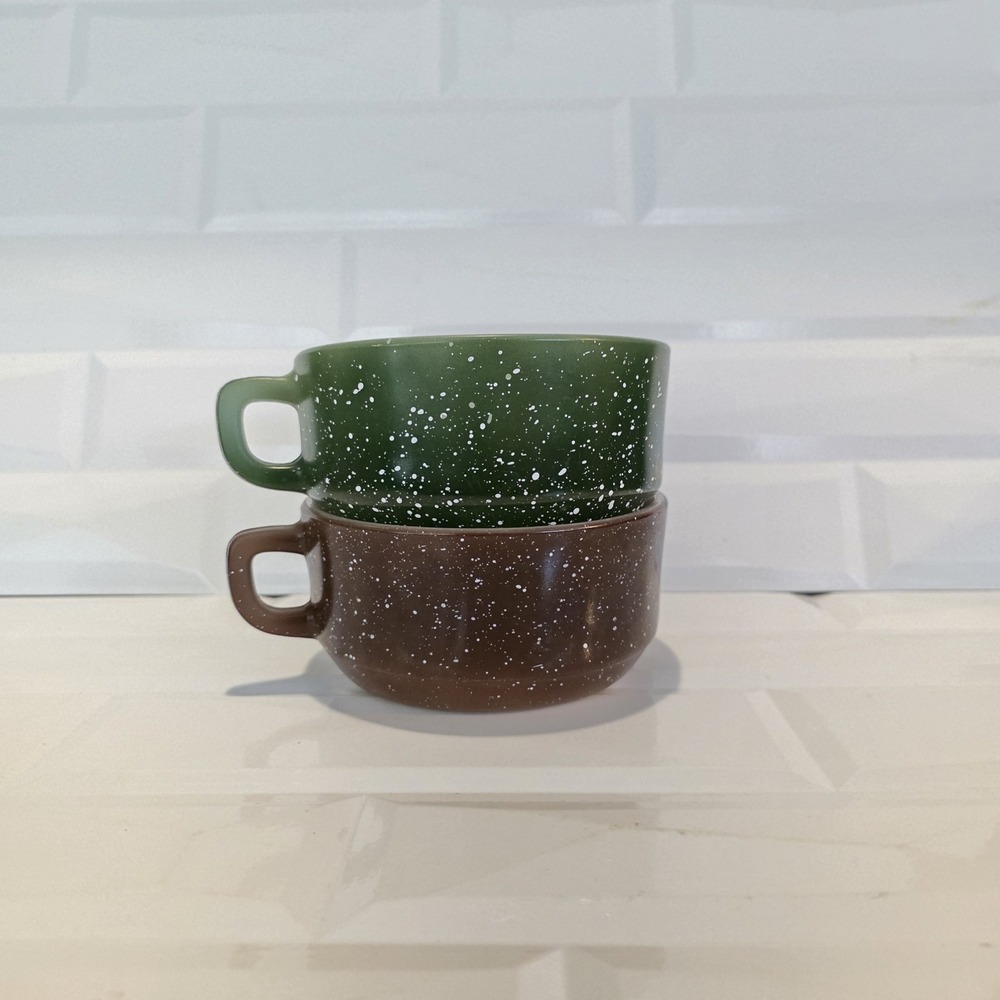 Anchor Hocking Fire King‎ D Handle Green & Brown Speckled Stackable Soup Bowls - Picture 2 of 10